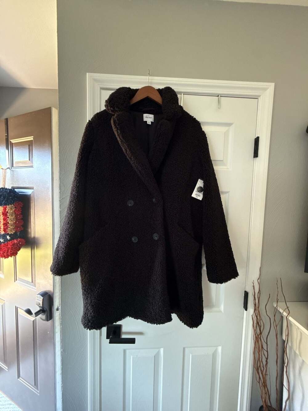 Nine West Women's Dull Black Double Breasted Teddy Coat Size XL